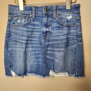 American Eagle Super Stretch X High Rise Frayed Edge Denim Mini Skirt-Size 4